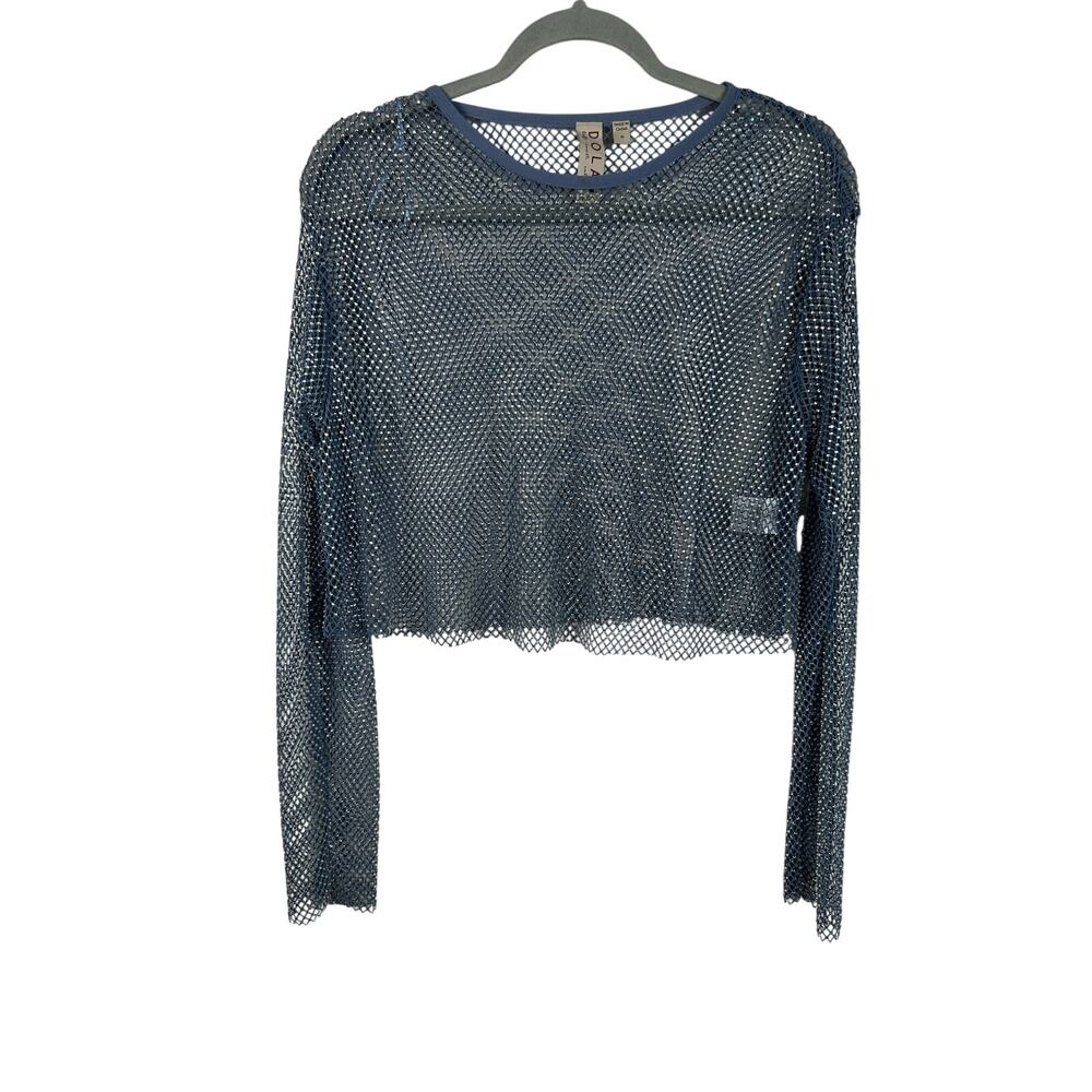 Dolan Mesh With Rhinestones Sheer Fishnet Top Blue Long Sleeve Size Medium EUC